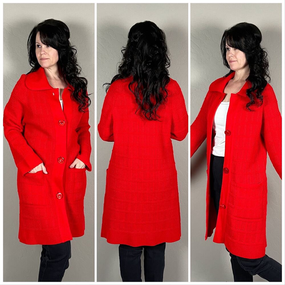 Vintage 1970s Red Chunky Knit Duster Cardigan Sweater - Picture 3 of 7